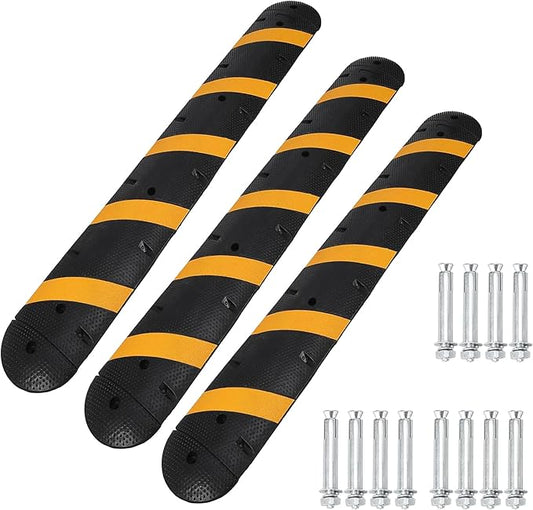 3 Pack 6FT Speed Bumps for Road, Heavy Duty 25,000 Lbs Capacity with 2 Channel Floor Cord Cover, 72" Parking Lot Speed Hump for Garage, Driveway, Warehouse - Includes Installation Parts, Black/Yellow