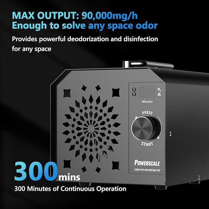 PowerScale Ozone Generator 90,000mg/h O3 Intelligent Control Ozone Odor Eliminator Commercial Ozone Machine Odor Removal, For Home, Car, Pet Room - High Capacity Ionizer Ozone Air Purifier, Black