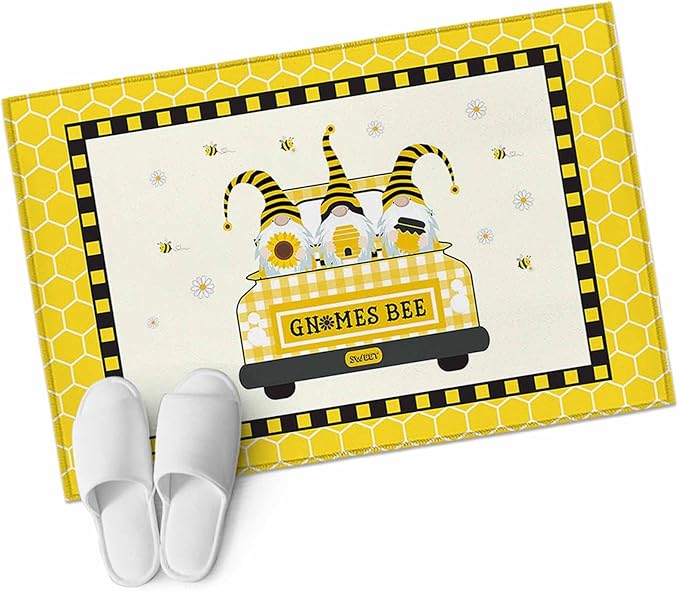 Honey Gnomes Entryway Rug 2'x3', Bees Hive Sunflower Truck Small Area Rug Non-Slip Front Door Mat Washable Floor Carpet for Indoor Entrance Kitchen Bathroom