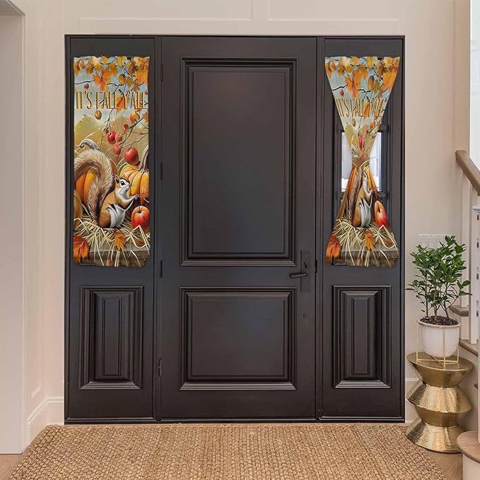 French Door Curtain Panel for Front Door, Apples Pumpkins Maple Squirrel Fall Slidelight Door Curtains with Tieback Light Filtering Privacy Panels for Doorway Entryway 25"x 40"