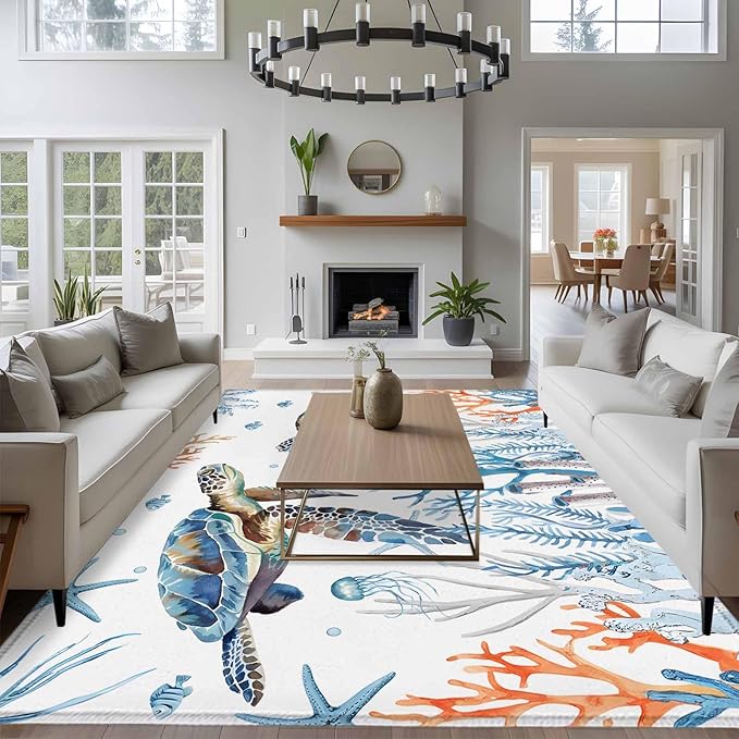 Sea Turtle 8'x10' Large Area Rugs, Seagrass Coral Starfish Washable Area Rugs Non-Slip Indoor Floor Mats Large Carpet for Living Room Bedroom Dining Room