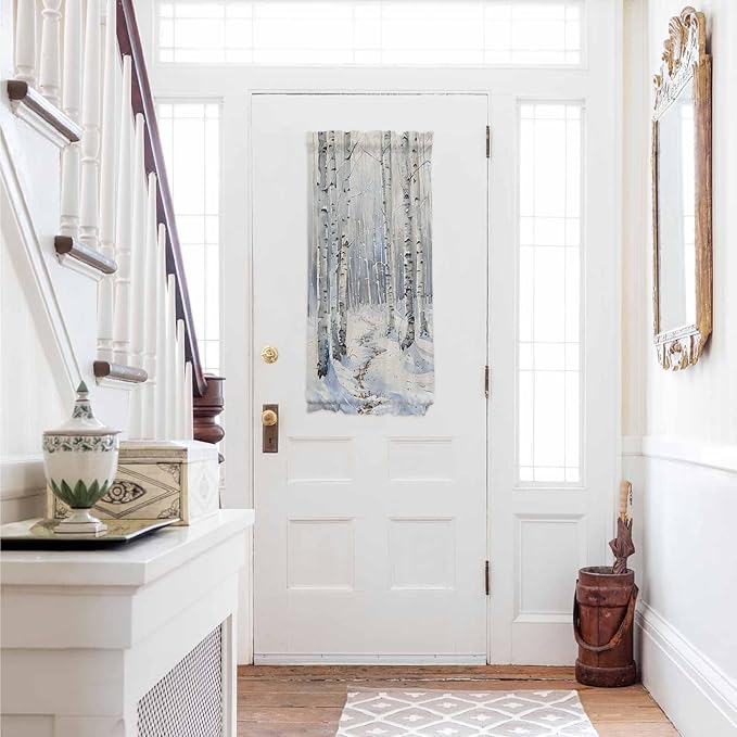 French Door Curtain Panel for Front Door, Watercolor Winter Birch Forest Path White Snow Slidelight Door Curtains with Tieback Light Filtering Privacy Panels for Doorway Entryway 25"x 40"