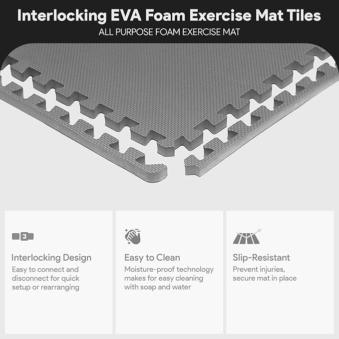 BalanceFrom Puzzle Exercise Mat 1/2' Thick, EVA Interlocking Foam Floor Tiles for Home Gym, Mat for Home Workout Equipment, Floor Padding for Kids, Gray, 24 in x 24 in x 1/2 in, 24 Sq Ft - 6 Tiles