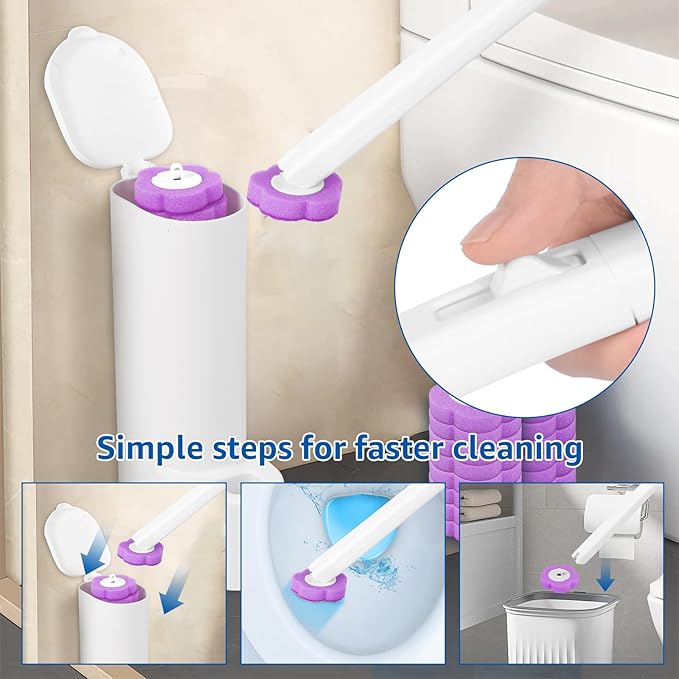 Toilet Bowl Cleaner Kit, Toilet Brush Cleaning System, Easy to Install Refills Pads Replacement Heads, Efficient Brush Disc Kit with Elongated Handle for Bathroom Cleaning(Purple)