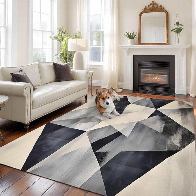 Color Block 9'x12' Large Area Rugs, Modernism Blue Beige Line Abstract Art Washable Area Rugs Non-Slip Indoor Floor Mats Large Carpet for Living Room Bedroom Dining Room
