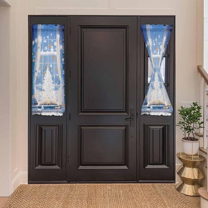 Christmas French Door Curtain Panel for Front Door, White Xmas Tree Blue Indoor Window View Slidelight Door Curtains with Tieback Light Filtering Privacy Panels for Doorway Entryway 25"x 40"
