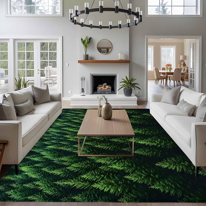 Green Forest 9'x12' Large Area Rugs, Pine Trees Forest Landscape Style Summer Washable Area Rugs Non-Slip Indoor Floor Mats Large Carpet for Living Room Bedroom Dining Room