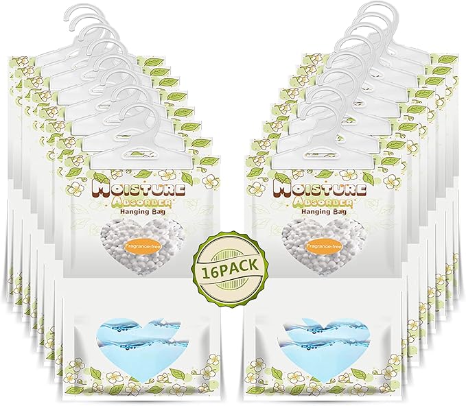 ZSPENG 16 Pack Moisture Absorber Hanging Bags,220g/Pack Fagrance Free Moisture Bag,Hanging Closet Dehumidifier Bags for Basement Closet Storeroom