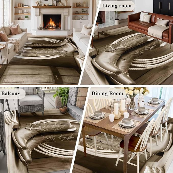 Western Cowboy 8'x10' Large Area Rugs, Vintage Countryside Cowboy Boots Ropes Washable Area Rugs Non-Slip Indoor Floor Mats Large Carpet for Living Room Bedroom Dining Room
