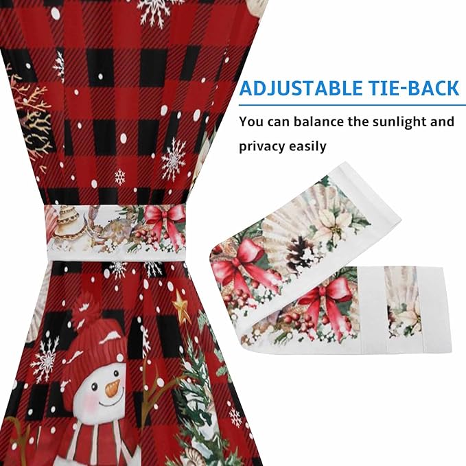 Christmas French Door Curtain Panel for Front Door, Red Striped Plaid Marine Life Xmas Tree Snowman Slidelight Door Curtains with Tieback Light Filtering Privacy Panels for Doorway Entryway 25"x 40"