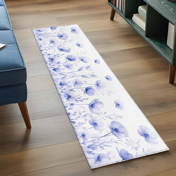 Flower Runner Rug 2'x6', Blue Hallway Runner Rugs Washable Non-Slip Bedside Floor Mats Carpet for Kitchen Bedroom Laundry Room Bathroom