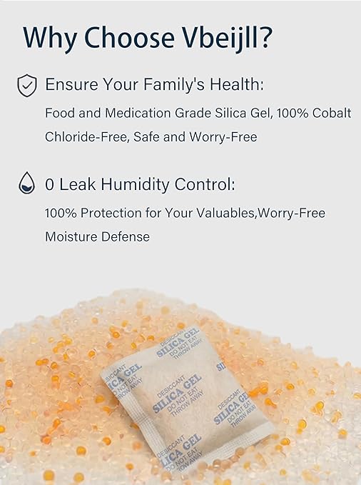 50 Gram (5 Pack) Color-Indicating Silica Gel Packets, Premium Food Grade Desiccant - Rechargeable Moisture Absorbers for Food Storage, Electronics, 3D Filament & Safes