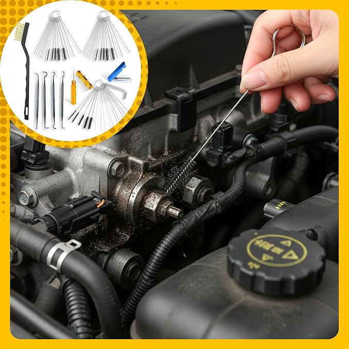 Carburetor Cleaner Kit Torch Tip Cleaner Set, Includes 1 Single Head Brush 30 Needles 15 Nylon Brushes 1 Hexagonal Wrench 1 Scraper and 4 Cleaning Hooks 1 Aluminum Case for Motorcycle ATV