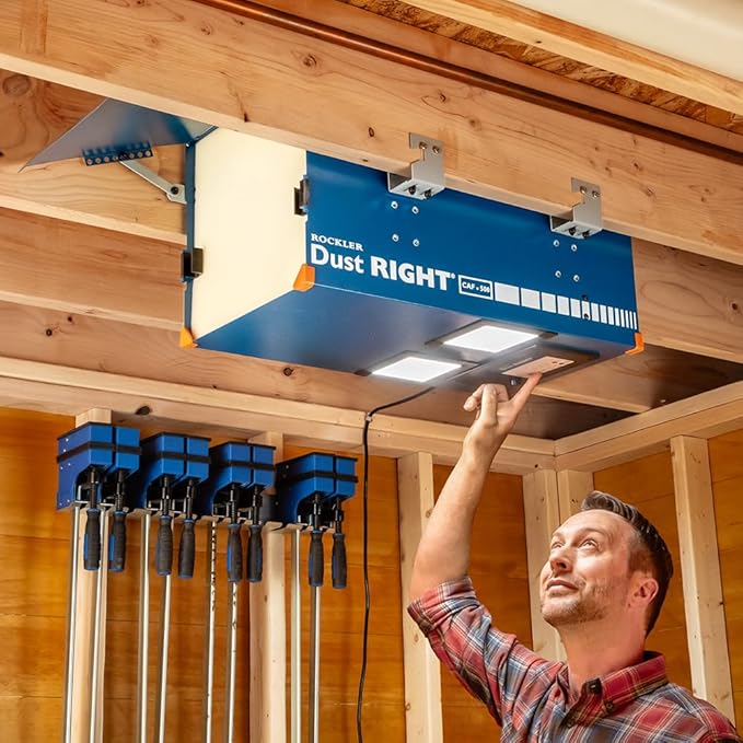 Rockler Dust Right Compact Ceiling Air Filtration Unit - Ceiling-Mounted Ambient Air Cleaner for Woodworking Shops - Low-Profile Filtration System with Triple Filters, & Wireless Remote Control