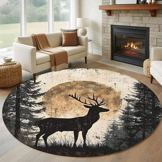 Deer Round Rug 5 Ft, Elk Silhouette Circle Area Rugs Washable Non Slip Indoor Floor Mats Carpet for Living Room Bedroom Dining Room Home Decor