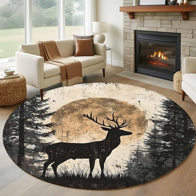 Deer Round Rug 6 Ft, Elk Silhouette Circle Area Rugs Washable Non Slip Indoor Floor Mats Carpet for Living Room Bedroom Dining Room Home Decor