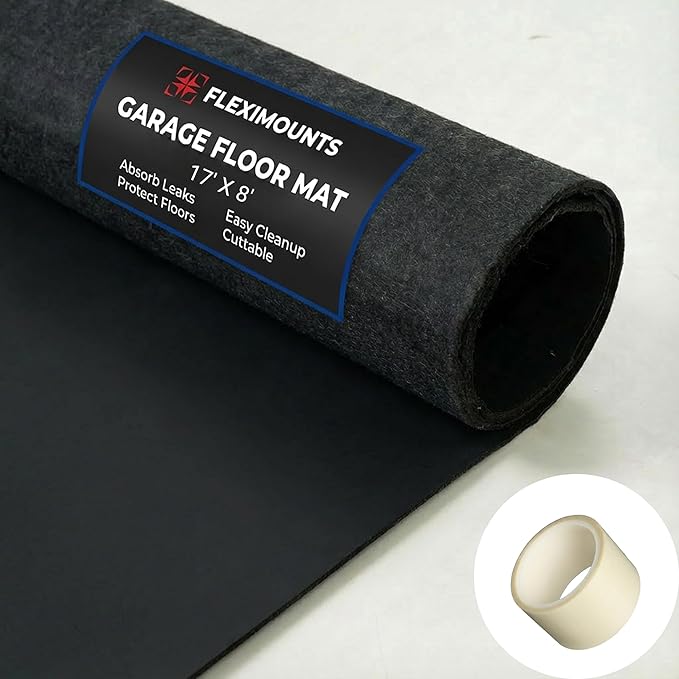 FLEXIMOUNTS 17' x 8' Garage Floor Mat Oil Spill Mat, Waterproof Garage Flooring for Cars & SUVs,Absorbent, Slip-Resistant, Quick Dry Carpet Fabric(Includes Double Sided Tape)