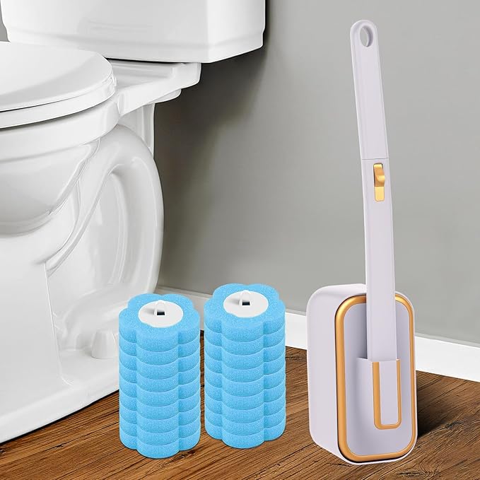Toilet Brush Handle Kit, Toilet Wand Brush Head Disc, Disposable Toilet Bowl Cleaner Wand, Easy to Install for Bathroom Cleaning (Gray Cleaning Brush + 18 Blue Replacement Heads)