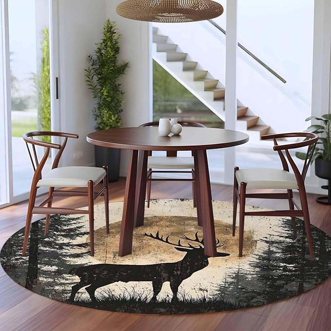 Deer Round Rug 5 Ft, Elk Silhouette Circle Area Rugs Washable Non Slip Indoor Floor Mats Carpet for Living Room Bedroom Dining Room Home Decor