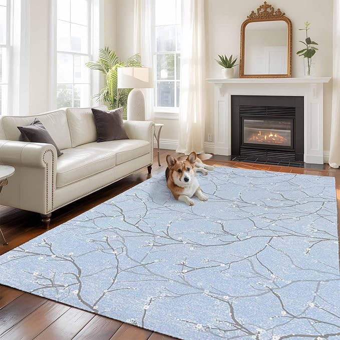 Blue Tree Branch 8'x10' Large Area Rugs, Retro Classic Art Blue Tree Branches Flower Washable Area Rugs Non-Slip Indoor Floor Mats Large Carpet for Living Room Bedroom Dining Room