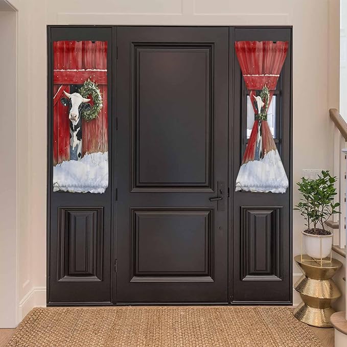 Christmas French Door Curtain Panel for Front Door, Milk Cow Green Christmas Wreath Red Farmhouse Slidelight Door Curtains with Tieback Light Filtering Privacy Panels for Doorway Entryway 25"x 40"