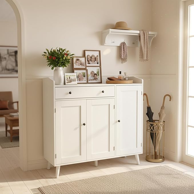 DIYART White Large Shoe Cabinet fit up to Shoe Size 16, Shoe Storage Cabinet with 3 Doors and 1 Drawer, Wooden Shoe Organizer for entryway