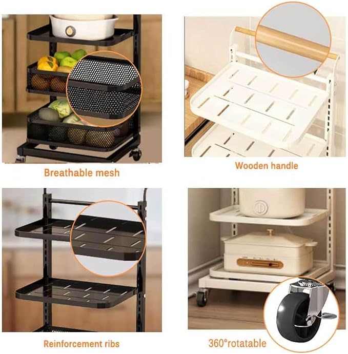 Kitchen Pan nizer Shelf Stand with Wheels Black 4 Tier Adjustable Storage Rack for Cupboard and Worktop