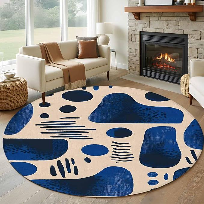 Modernism Round Rug 6 Ft, Blue Black Geometric Abstract Style Circle Area Rugs Washable Non Slip Indoor Floor Mats Carpet for Living Room Bedroom Dining Room Home Decor