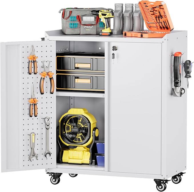 Reemoon Steel Garage Storage Cabinet with Wheels and 2 Lockable Doors, Metal Storage Cabinet with Pegboard and Hooks for Garage,Home,Warehouse,Assembly Required,White,13.8" D x 26" W x 31.5" H