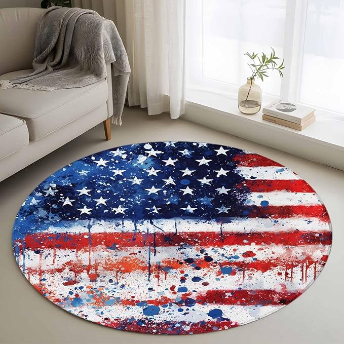 Mottled Red Blue White Stars Painted Flag Small Round Rug 3 Ft, Area Rugs Washable Non Slip Indoor Floor Mats Circle Carpet for Living Room Bedroom Dining Room Home Decor