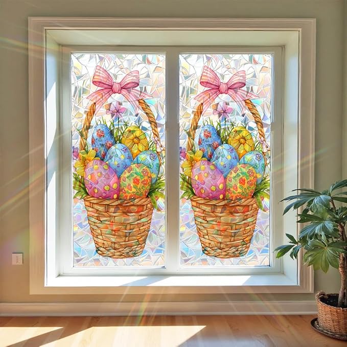 Easter Window Privacy Film 39.4 x 17.3 Inch PVC Easter Egg Basket Window Crescent Texture Decorative Glass Covering with Sunlit Glossy Shine for Bathroom Kitchen Living Room Privacy Accent
