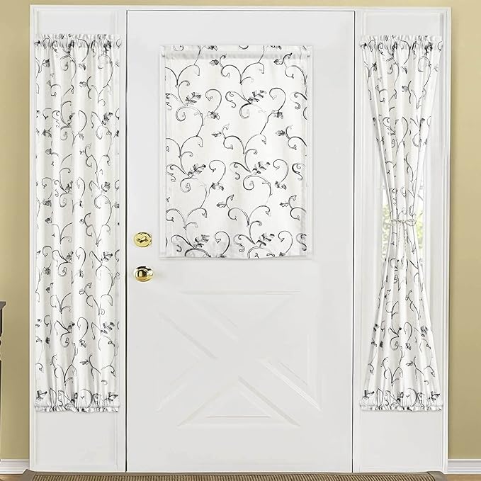 VOGOL Embroidered Door Curtain Panels, Grey Vines Pattern Embroidery Botanical Design for French Glass Door, Dual Rod Pocket, 1 Piece, 25 x 72 Inches