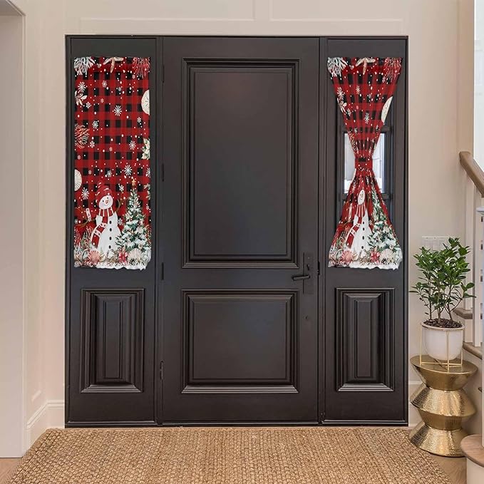 Christmas French Door Curtain Panel for Front Door, Red Striped Plaid Marine Life Xmas Tree Snowman Slidelight Door Curtains with Tieback Light Filtering Privacy Panels for Doorway Entryway 25"x 40"