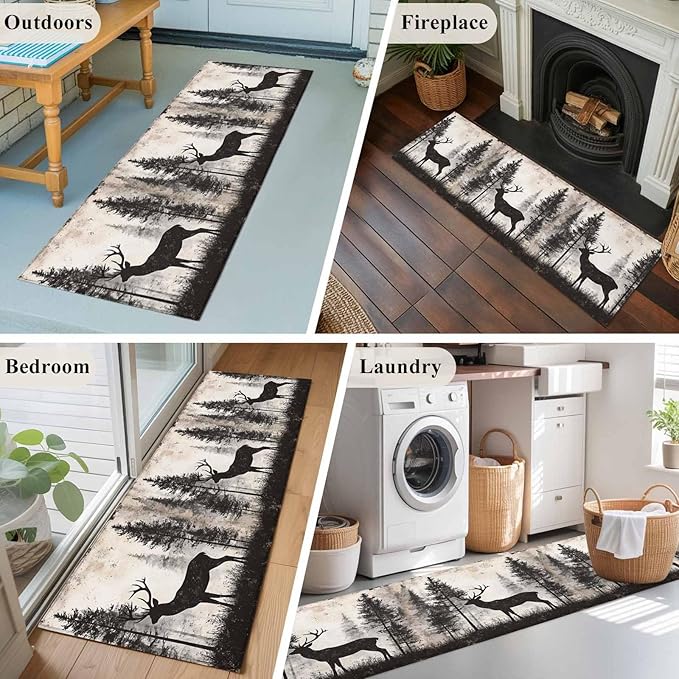 Elk Runner Rug 2'x6', Deer Silhouette Hallway Runner Rugs Washable Non-Slip Bedside Floor Mats Carpet for Kitchen Bedroom Laundry Room Bathroom