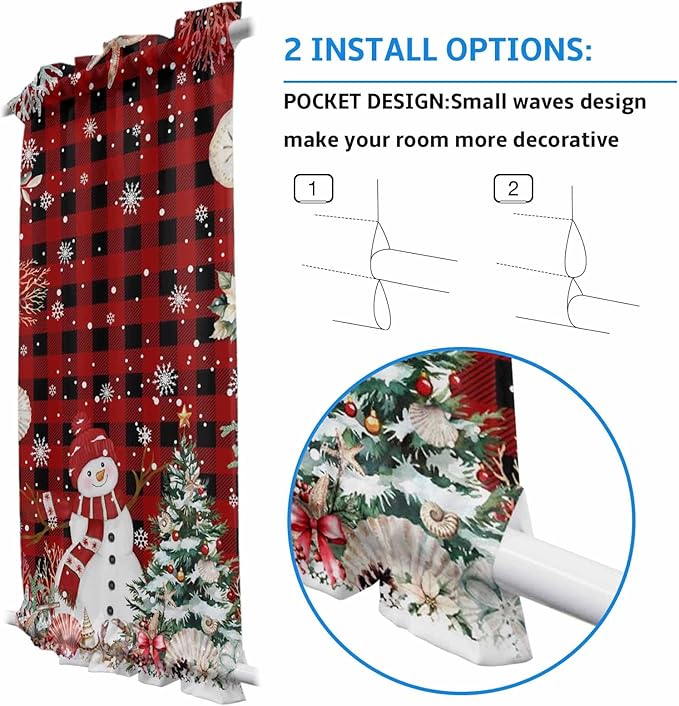 Christmas French Door Curtain Panel for Front Door, Red Striped Plaid Marine Life Xmas Tree Snowman Slidelight Door Curtains with Tieback Light Filtering Privacy Panels for Doorway Entryway 25"x 40"