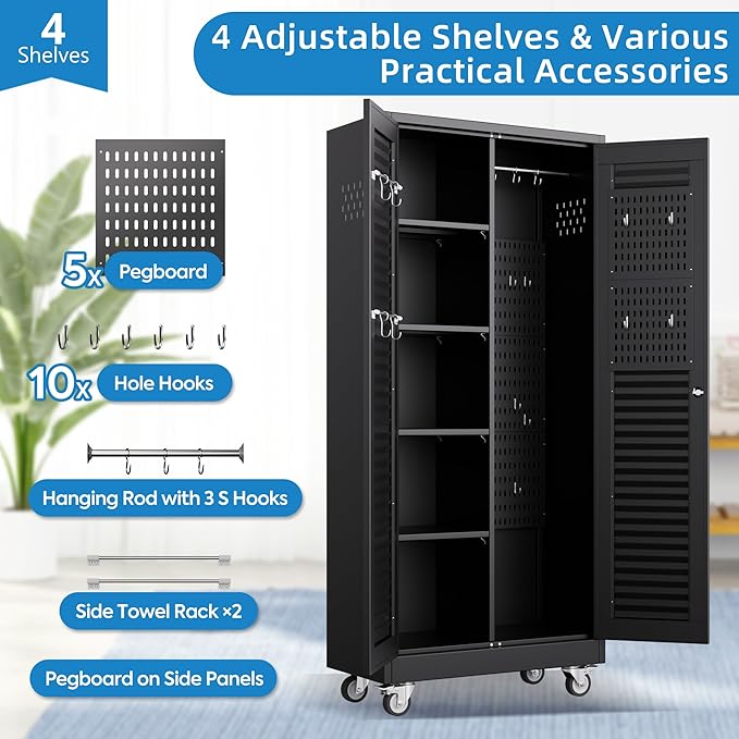Reemoon Mop and Broom Closet Storage Cabinet with Wheels and Pegboard,Metal Garage Storage Cabinet with Doors and Adjustable Shelves for Garage Home,Required Assembly,Black