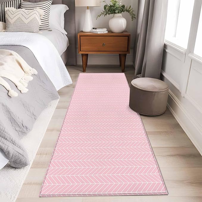 Pink Herringbone Stripes Runner Rug 2'x6', Modern Abstract Geometric Pink Simple Lines Hallway Runner Rugs Washable Non-Slip Bedside Floor Mats Carpet for Kitchen Bedroom Laundry Room Bathroom