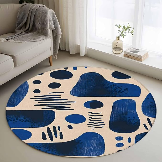 Modernism Small Round Rug 3 Ft, Blue Black Geometric Abstract Style Area Rugs Washable Non Slip Indoor Floor Mats Circle Carpet for Living Room Bedroom Dining Room Home Decor