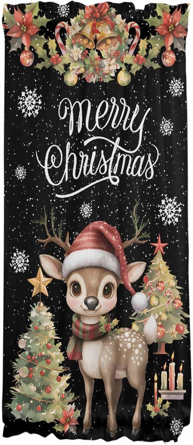 Christmas French Door Curtain Panel for Front Door, Christmas Tree Winter Deer Garland Bell Poinsettia Black Slidelight Door Curtains with Tieback Light Filtering Privacy Panels for Entryway 25"x 40"