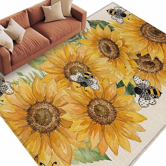 Watercolor Sunflower Cartoon Farmhouse Bee Linen Texture 5'x7' Area Rugs, Washable Area Rugs Non-Slip Indoor Floor Mats Carpet for Living Room Bedroom Dining Room