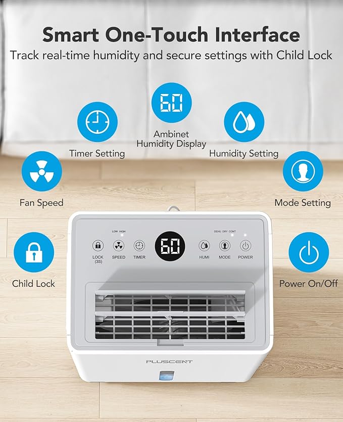 PLUSCENT 1500 Sq.ft Dehumidifier for Basement with Drain Hose, 21 Pint/Day Dehumidifiers for Home, Bathroom, Bedroom, Large Room, Smart Humidity Control, 3 Modes, Auto Defrost, Auto Restart, 24H Timer