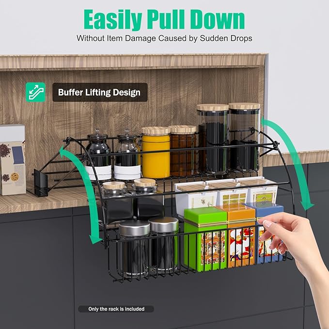 3-Tier Pull Down Cabinet Spice Rack Organizer,Metal Storage Shelf,Retractable Large Capacity Kitchen Storage Shelf Organizer for Kitchen Cabinet Cupboard Pantry, Black, LL0124-1