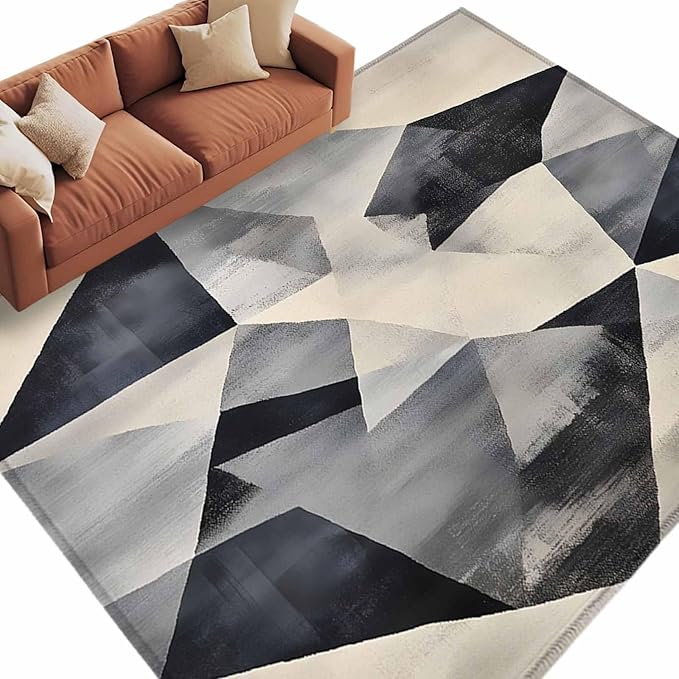Color Block 5'x7' Area Rugs, Modernism Blue Beige Line Abstract Art Washable Area Rugs Non-Slip Indoor Floor Mats Carpet for Living Room Bedroom Dining Room