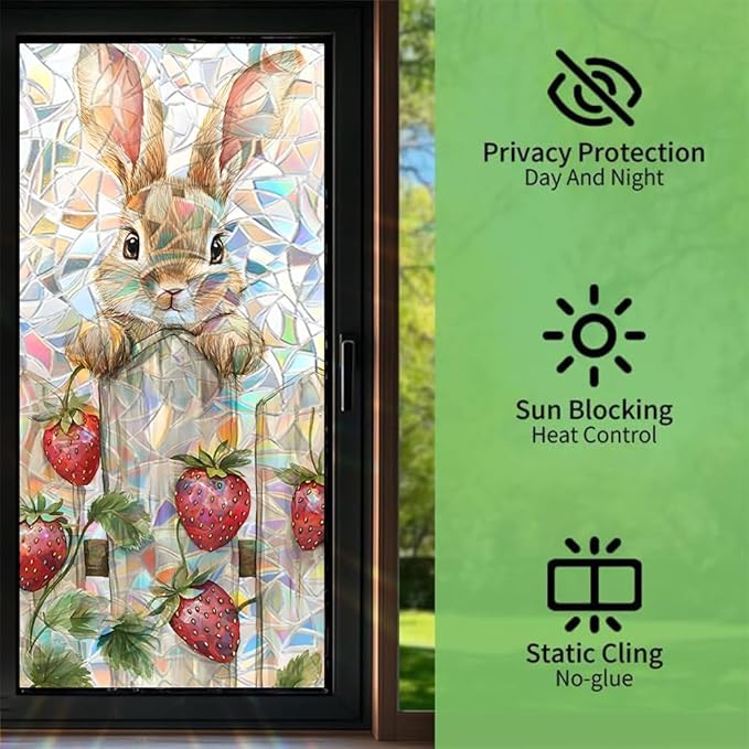 Easter Window Privacy Film 39.4 x 17.3 Inch PVC Bunny Strawberry Window Film Crescent Texture Decorative Glass Covering with Sunlit Glossy Shine for Bathroom Kitchen Living Room