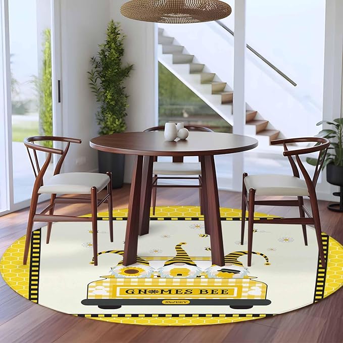 Honey Gnomes Large Round Rug 7Ft, Bees Hive Sunflower Truck Circle Area Rugs Washable Non Slip Indoor Floor Mats Carpet for Living Room Bedroom Dining Room Home Decor