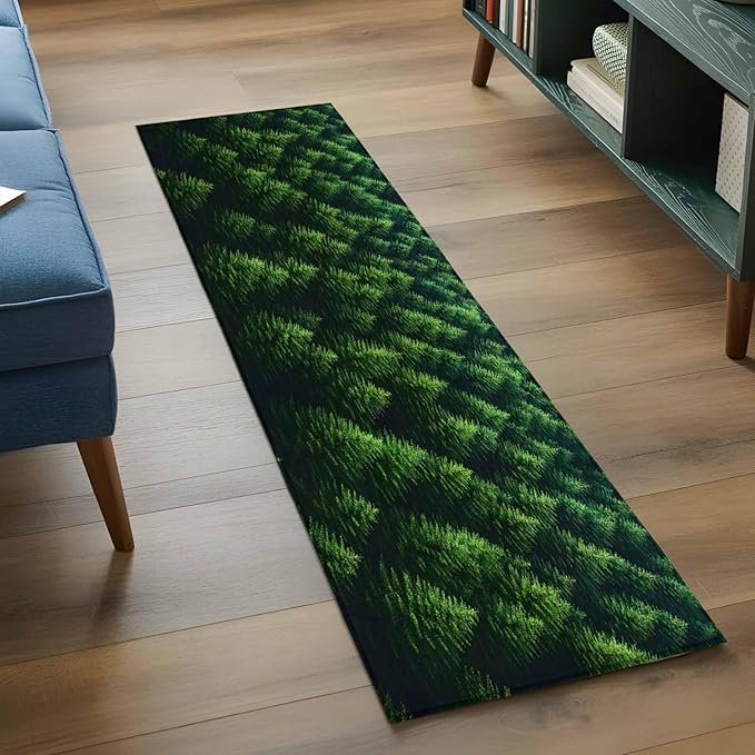 Green Forest Runner Rug 2'x6', Pine Trees Forest Landscape Style Summer Hallway Runner Rugs Washable Non-Slip Bedside Floor Mats Carpet for Kitchen Bedroom Laundry Room Bathroom