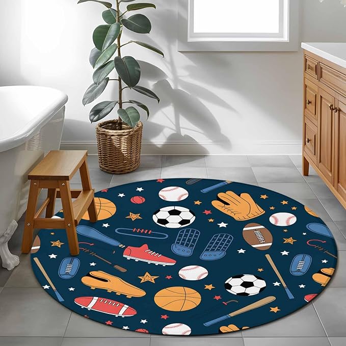 Cartoon Sports Small Round Rug 3 Ft, Baseball Soccer Basketball Rugby Sneakers Area Rugs Washable Non Slip Indoor Floor Mats Circle Carpet for Living Room Bedroom Dining Room Home Decor