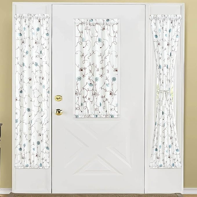 VOGOL Floral Door Curtains, Elegant Flowers Embroidered Light Filtering Drapes for French Door Glass Windows, Rod Pocket, 1 Panel 25 x 72 Inches, Blue in Off-White