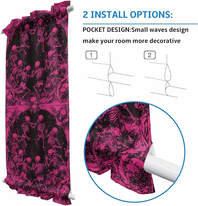 French Door Curtain Panel for Front Door, Dark Pink Halloween Skulls Slidelight Door Curtains with Tieback Light Filtering Privacy Panels for Doorway Entryway 25"x 40"