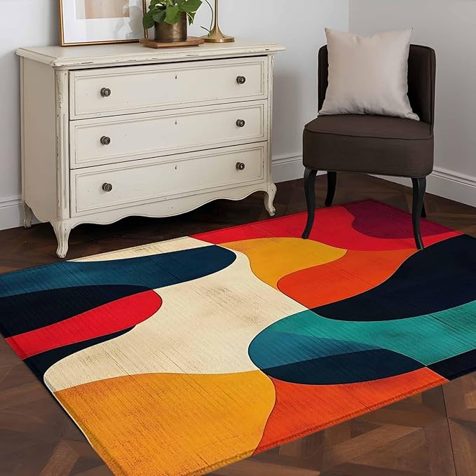 Abstract Art Area Rugs 2.7'x5', Impressionist Red Blue Color Block Washable Area Rugs Non-Slip Indoor Floor Mats Carpet for Living Room Bedroom Dining Room